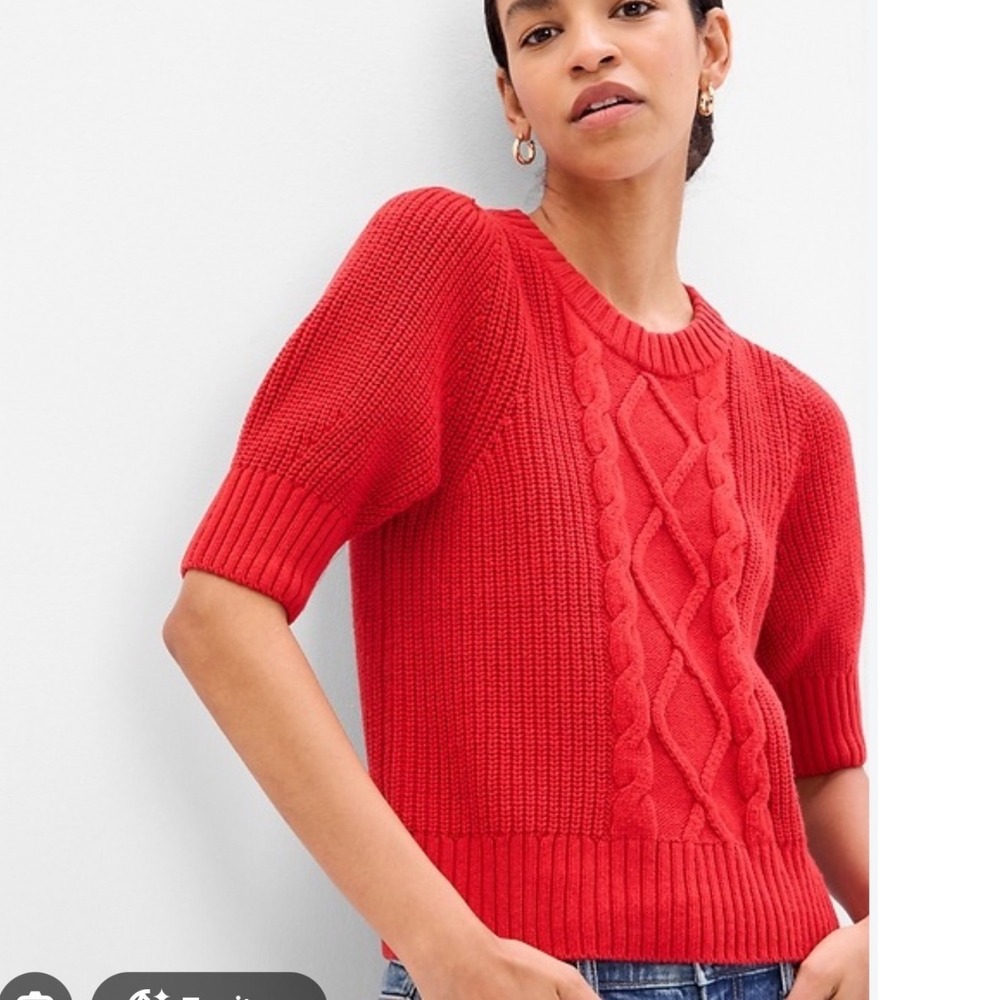 Gap Puff Sleeve Cable Knit Short Sleeve Crewneck Sweater Red XL